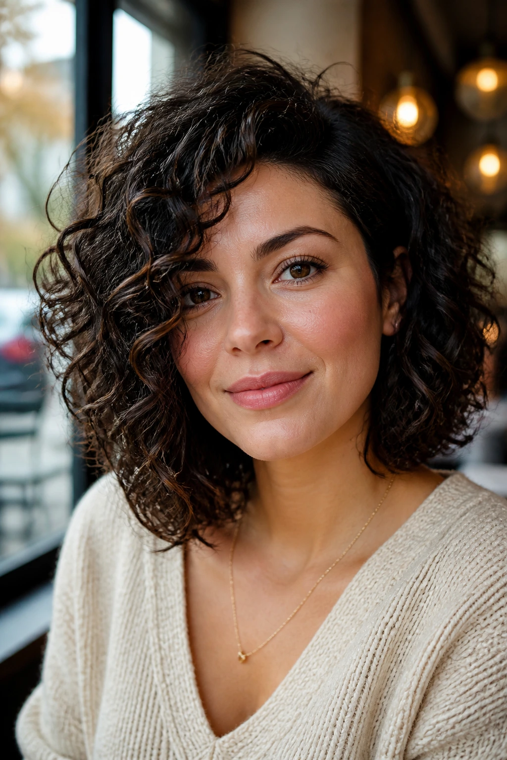 Portrait of a woman with a side-swept lob flattering a round face.