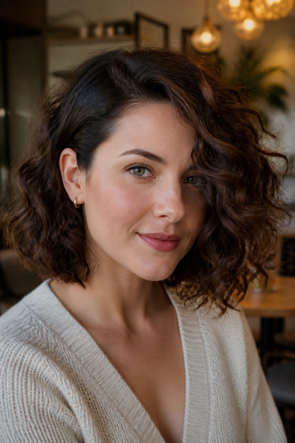 Portrait of real person with side-swept lob tucked behind one ear