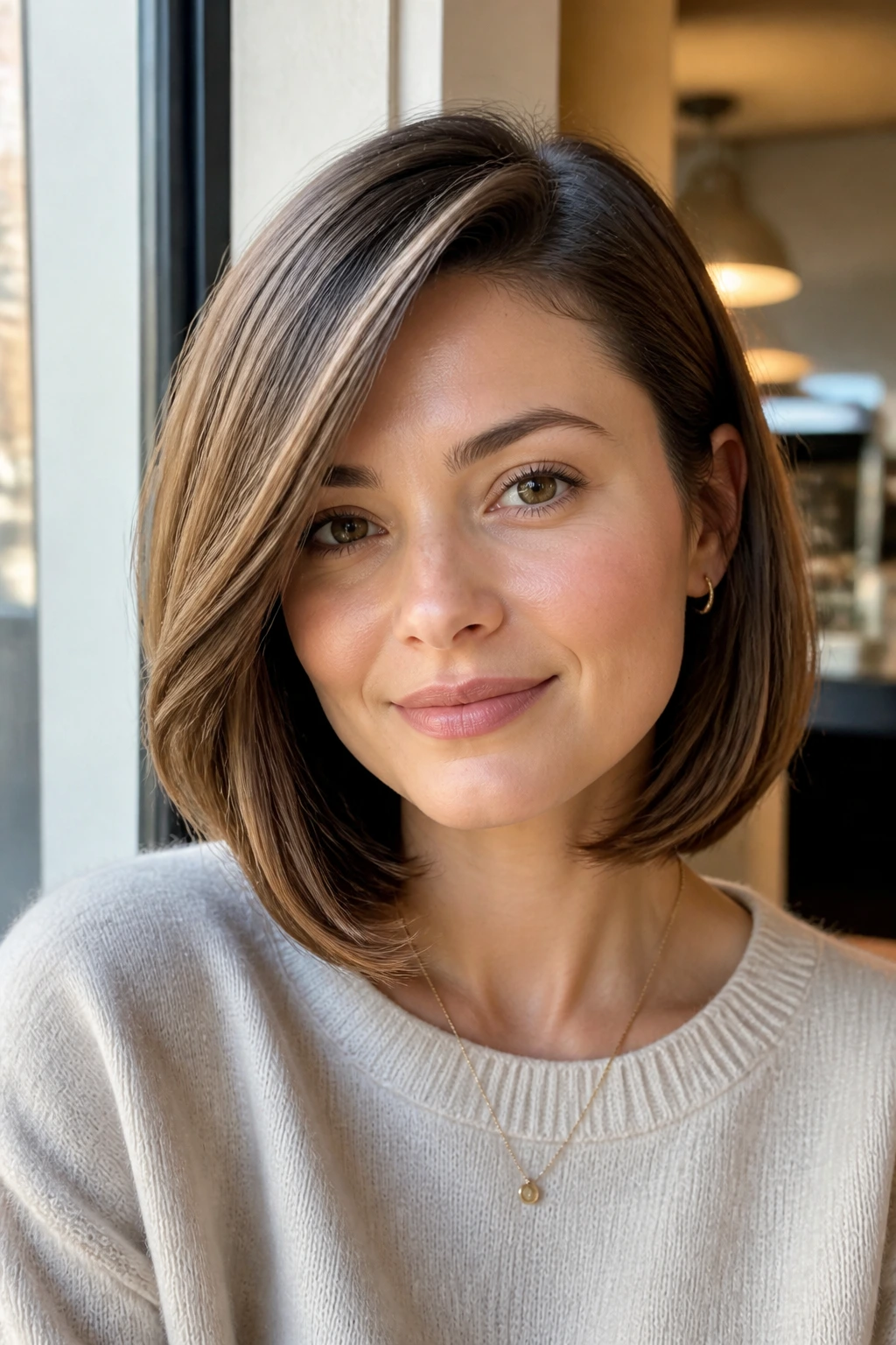 Portrait of real person with side-swept lob and tucked ends
