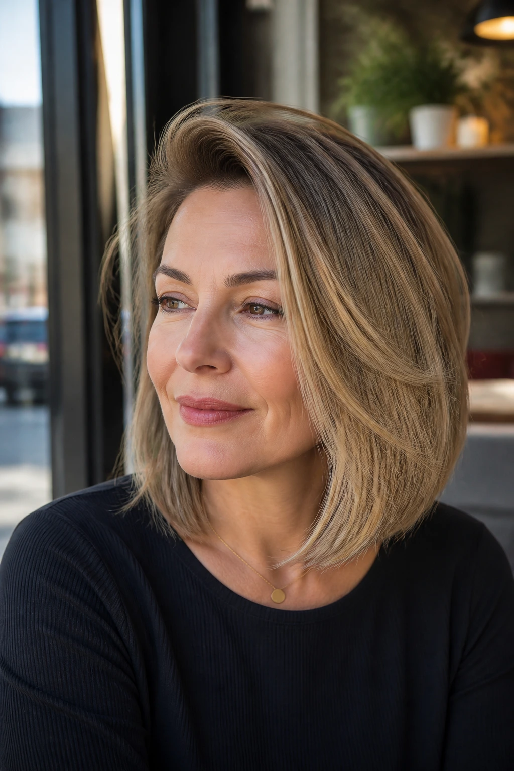 Portrait of a real woman with a side-swept volume lob showing crown lift and fullness.