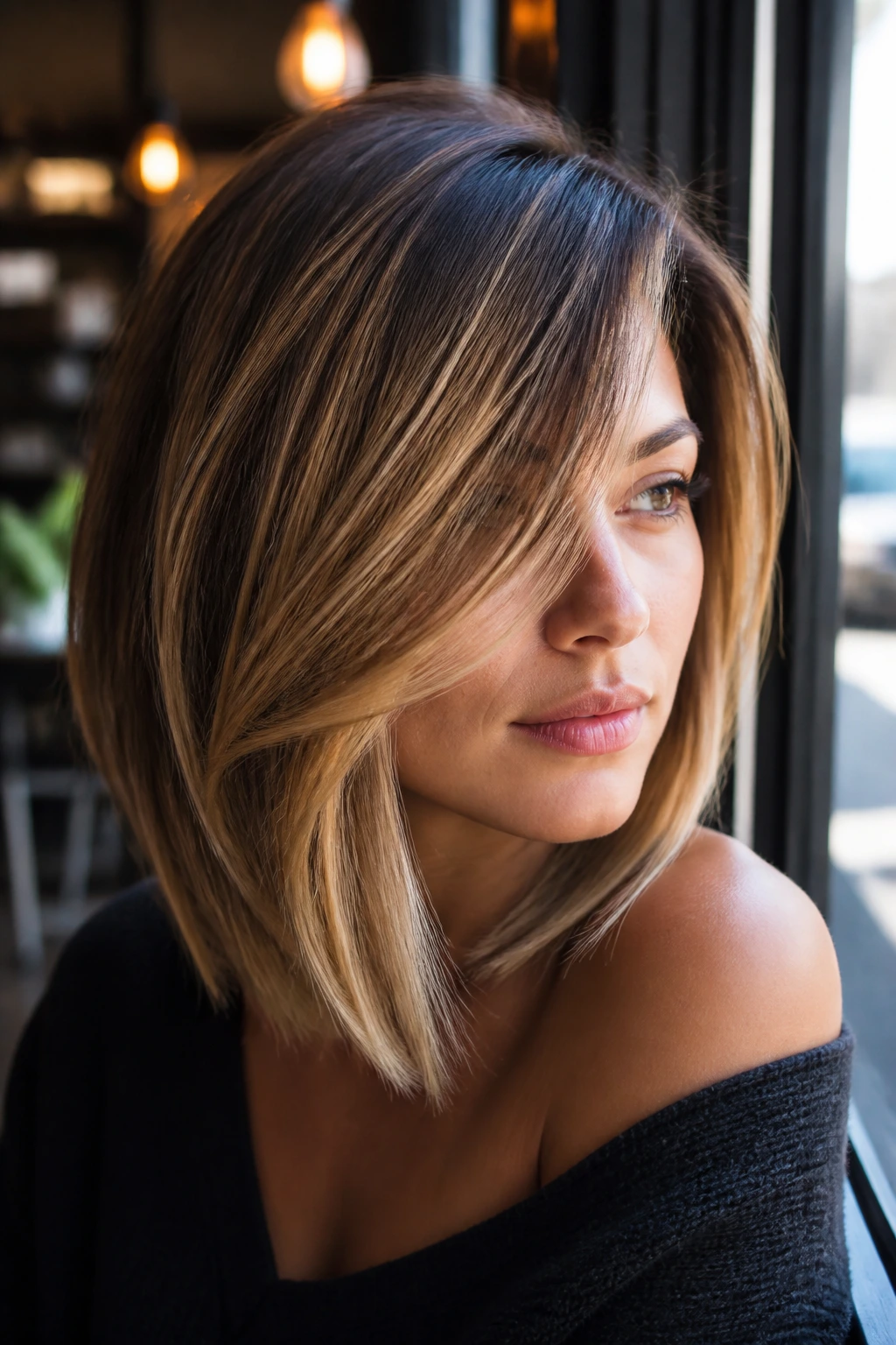 Portrait of a woman with a side-swept lob and soft wheat toning in natural light.