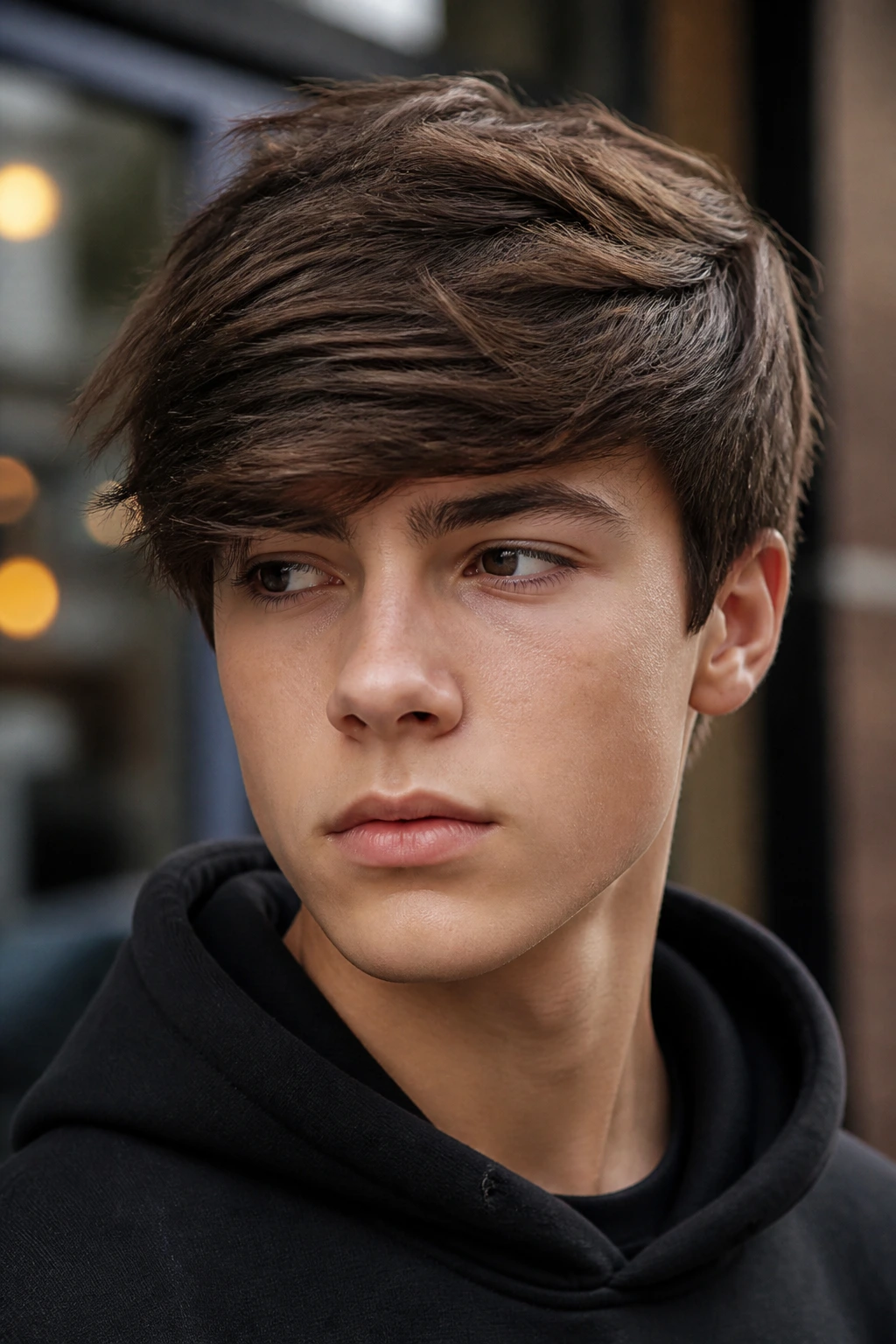 Portrait of a boy with a side-swept long crop hairstyle against an urban background.