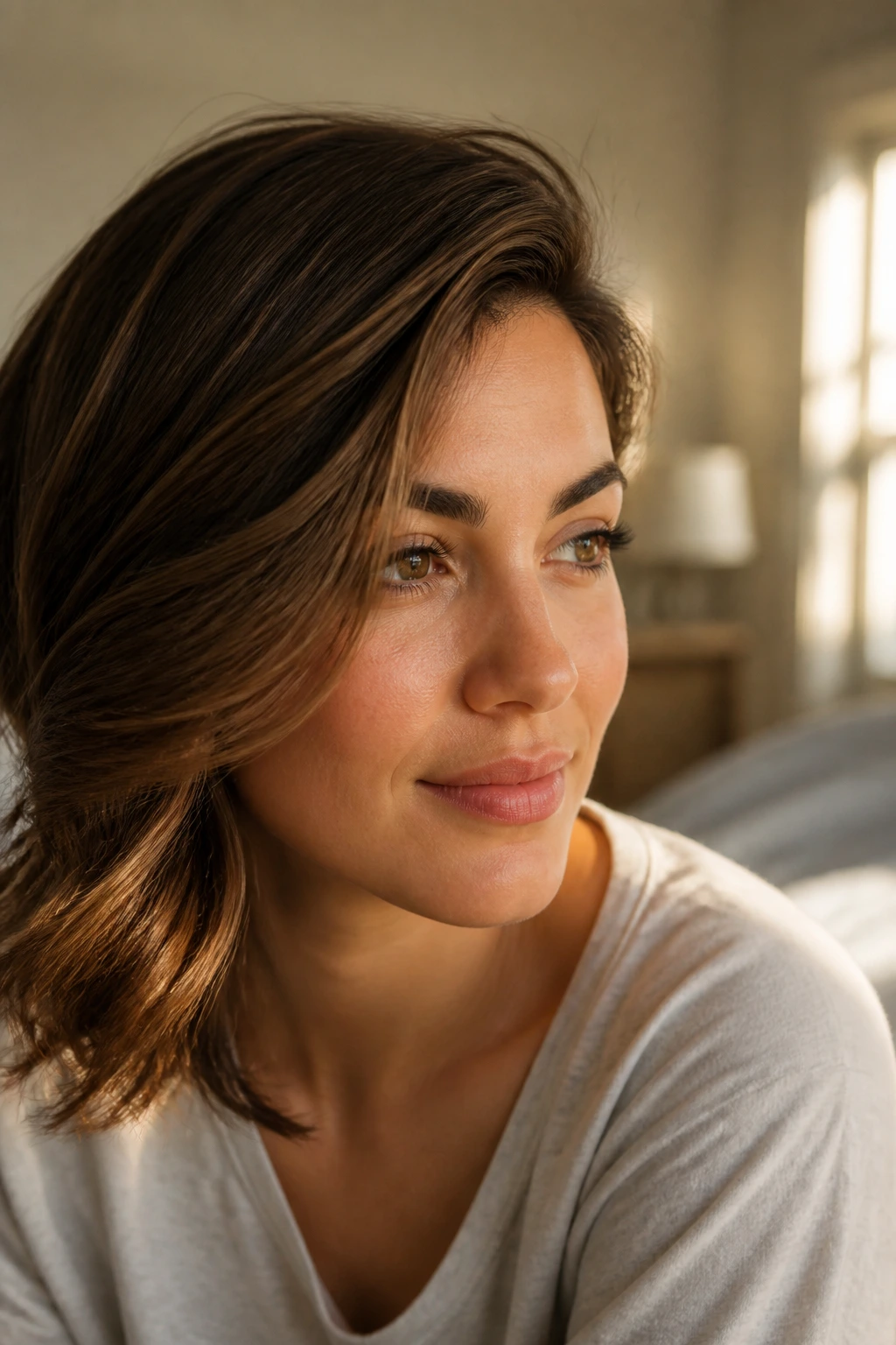 Close-up of a real woman with a side-swept hairstyle in natural morning light