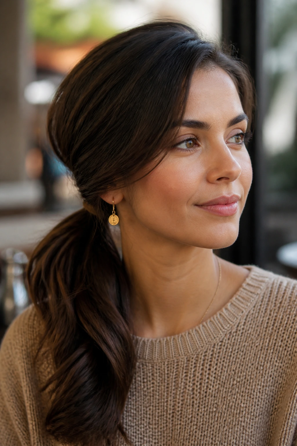 Close-up of a real woman with side-swept low ponytail