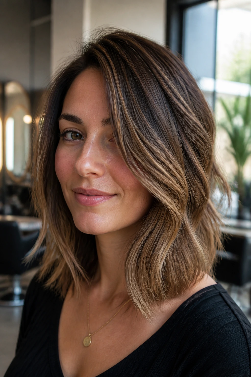 Close-up portrait of a real woman with a side-swept midi cut