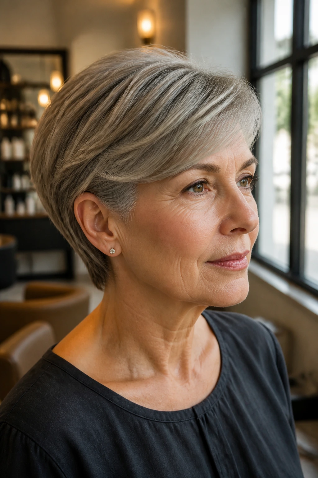 Close-up portrait of a real woman with a side-swept crop tucked at the nape in warm salon light