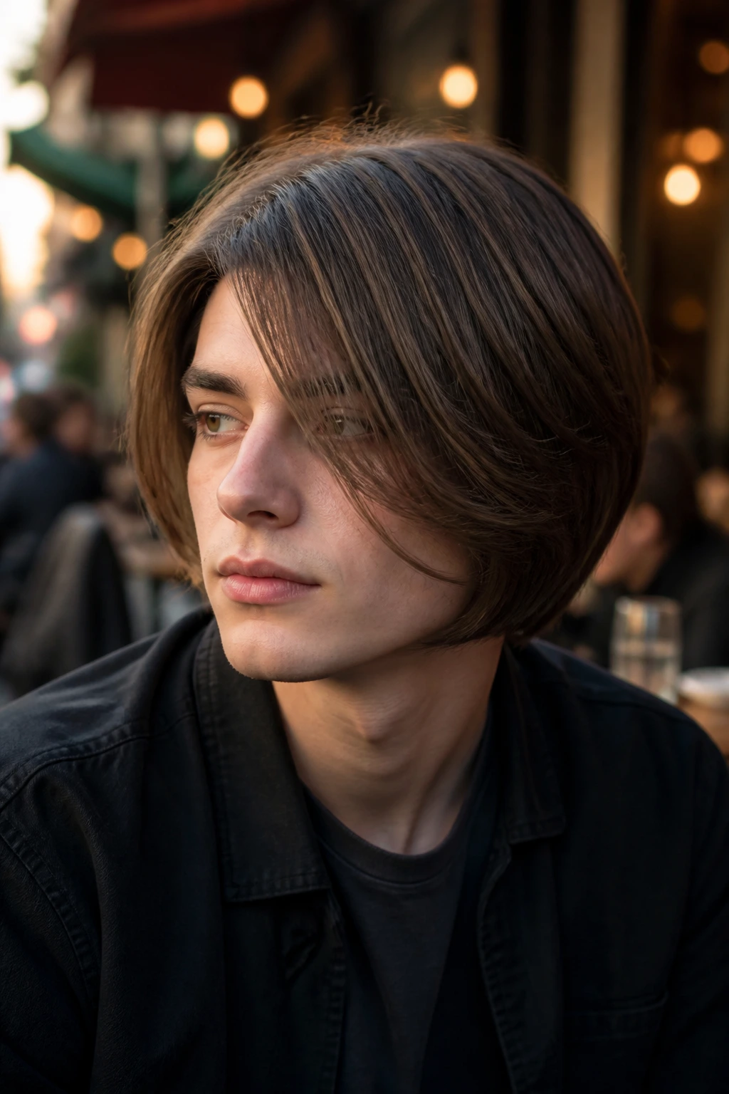 Portrait of a real person with side-swept pageboy and jawline sweep in an urban cafe setting