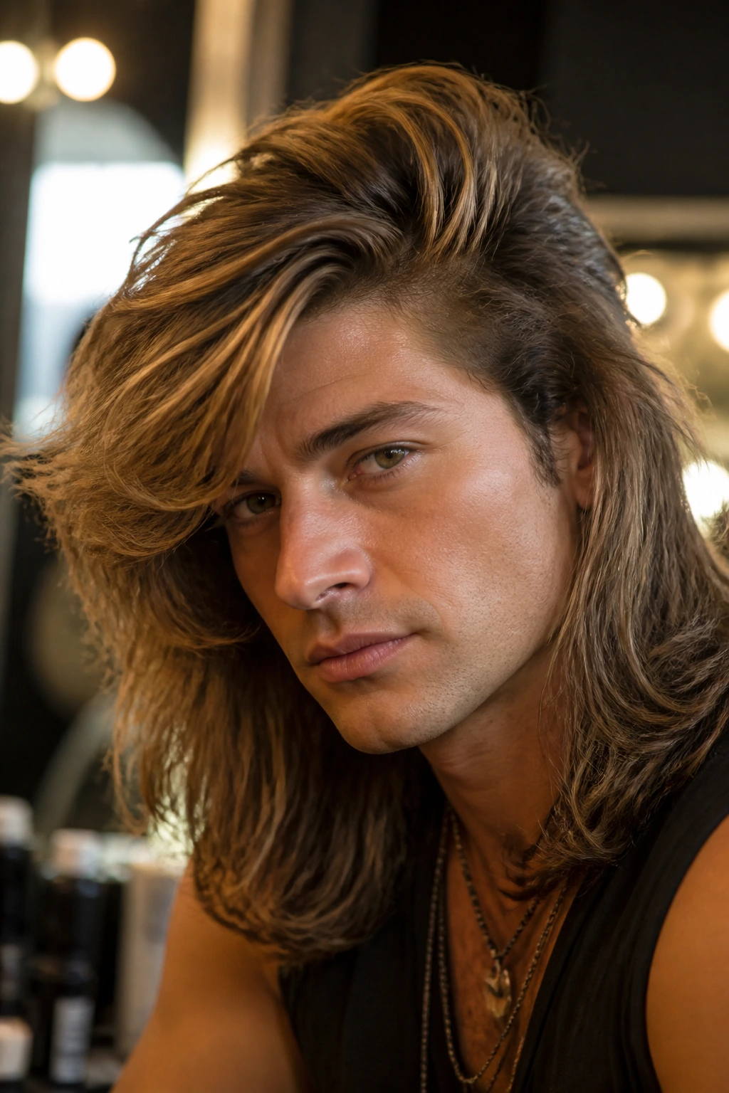 Close-up of a real person with a deep side part and swept front layers