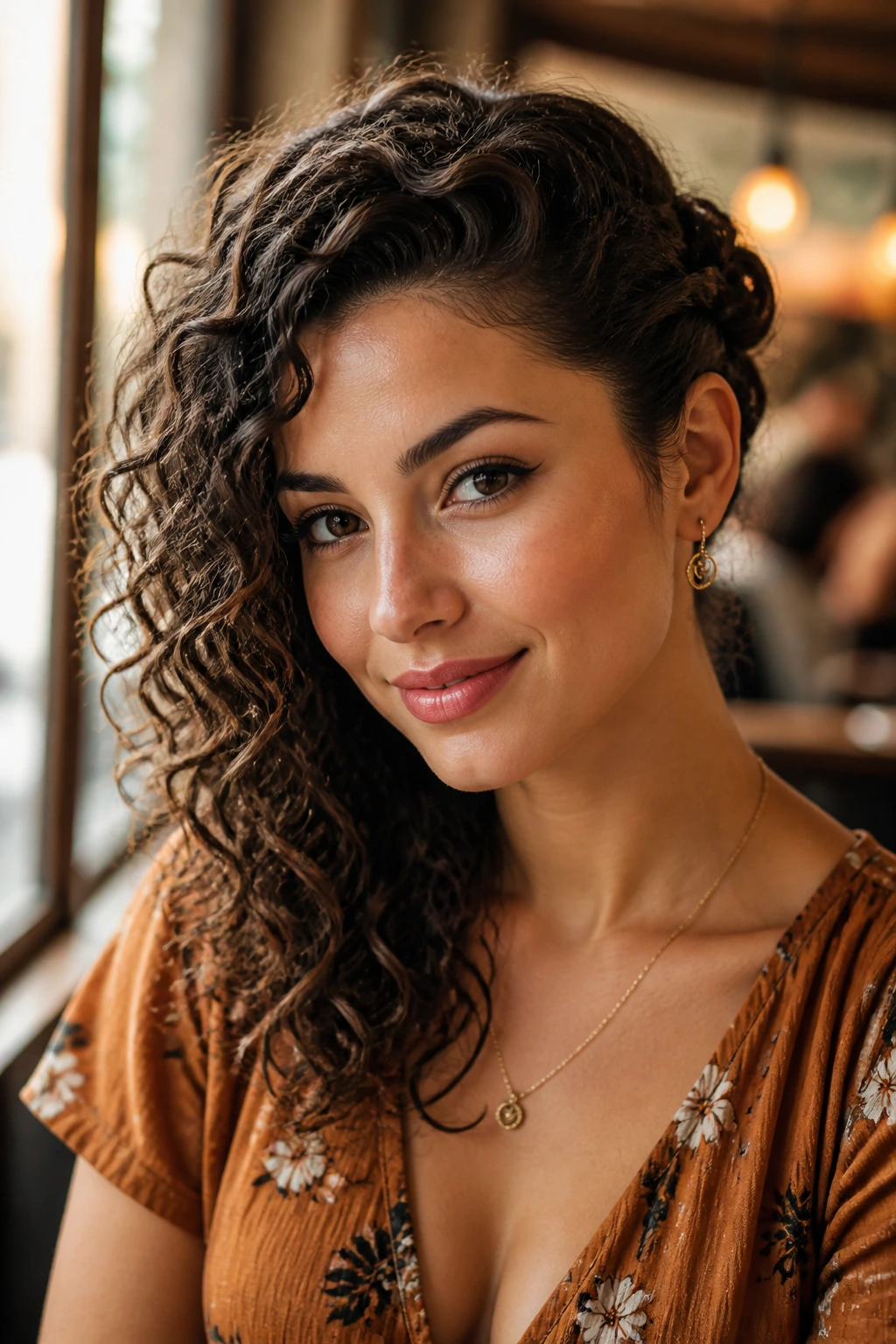 Close-up of a real woman with side-swept pin-up curls pinned behind the ear