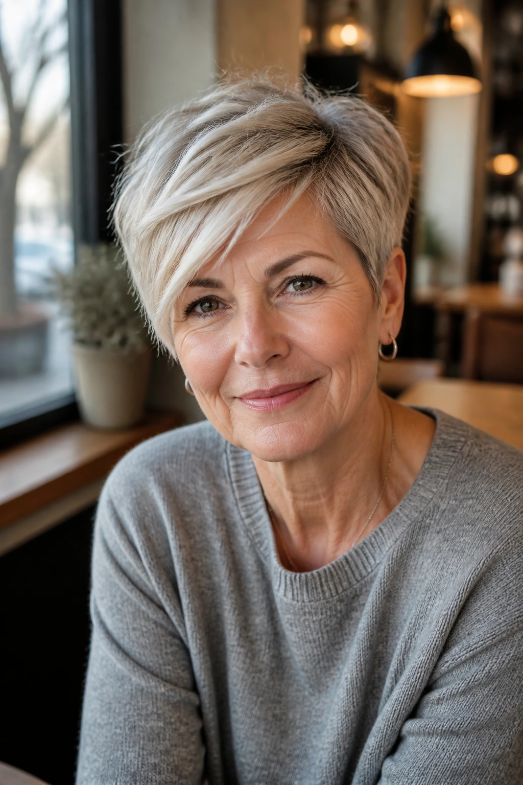 Real woman with side-swept pixie and lifted crown