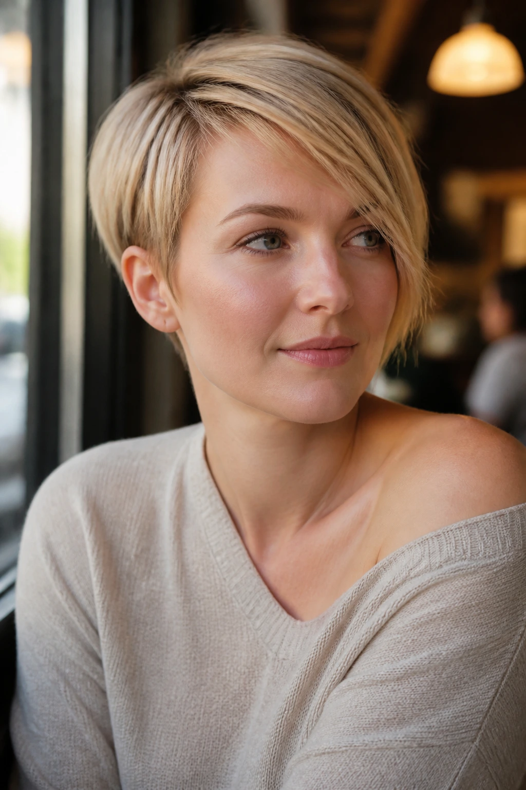 Close-up of real woman with side-swept pixie bob almond blonde