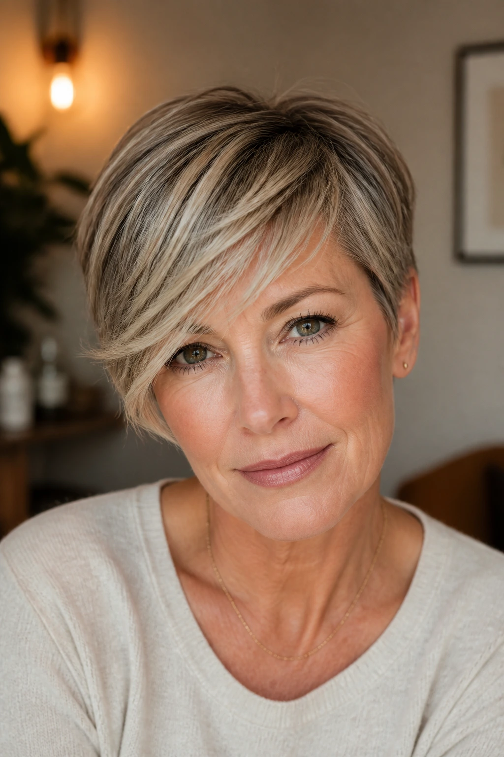 Real woman with side-swept pixie and soft contrast babylights.