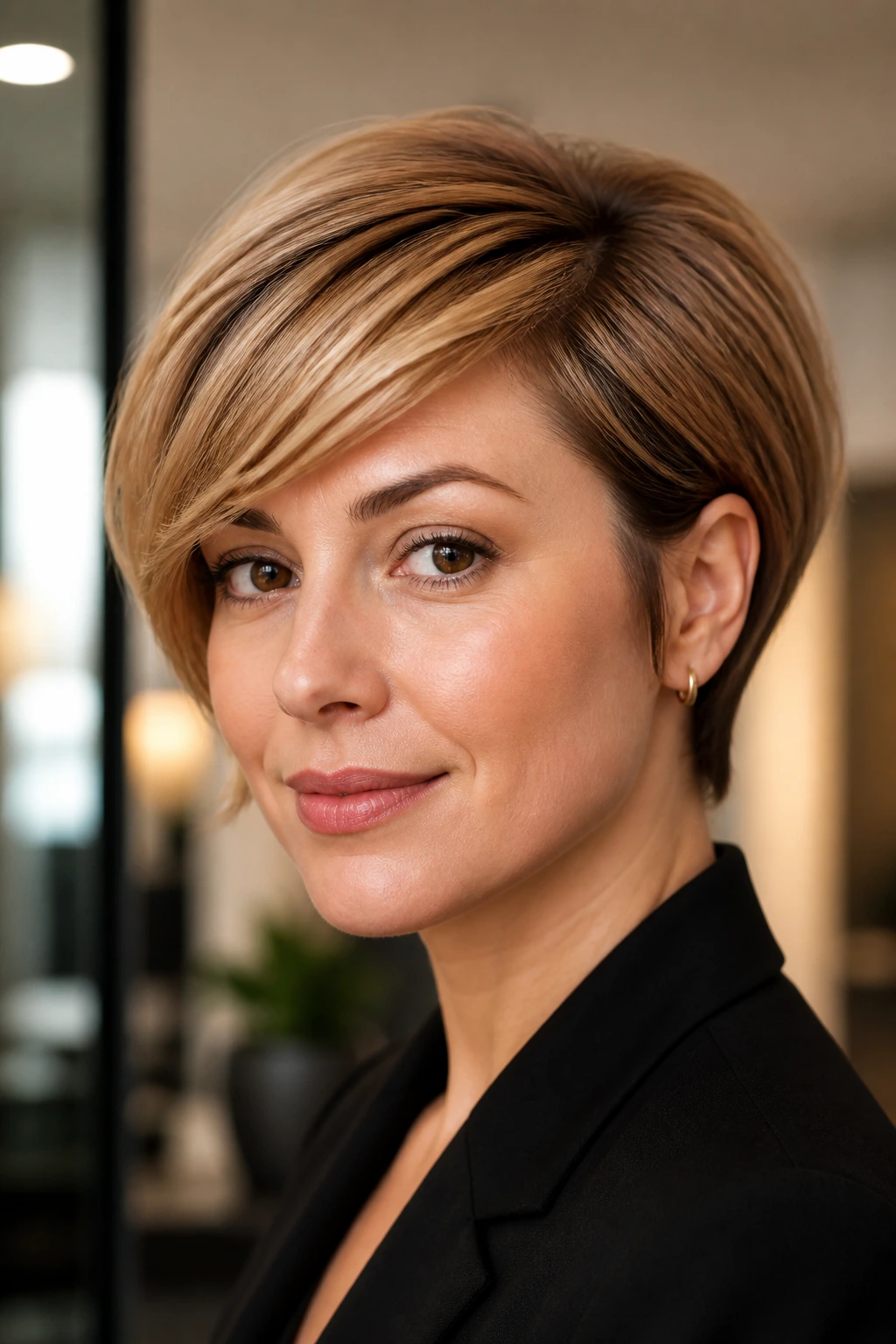 Close-up portrait of a real woman with a side-swept pixie-bob.