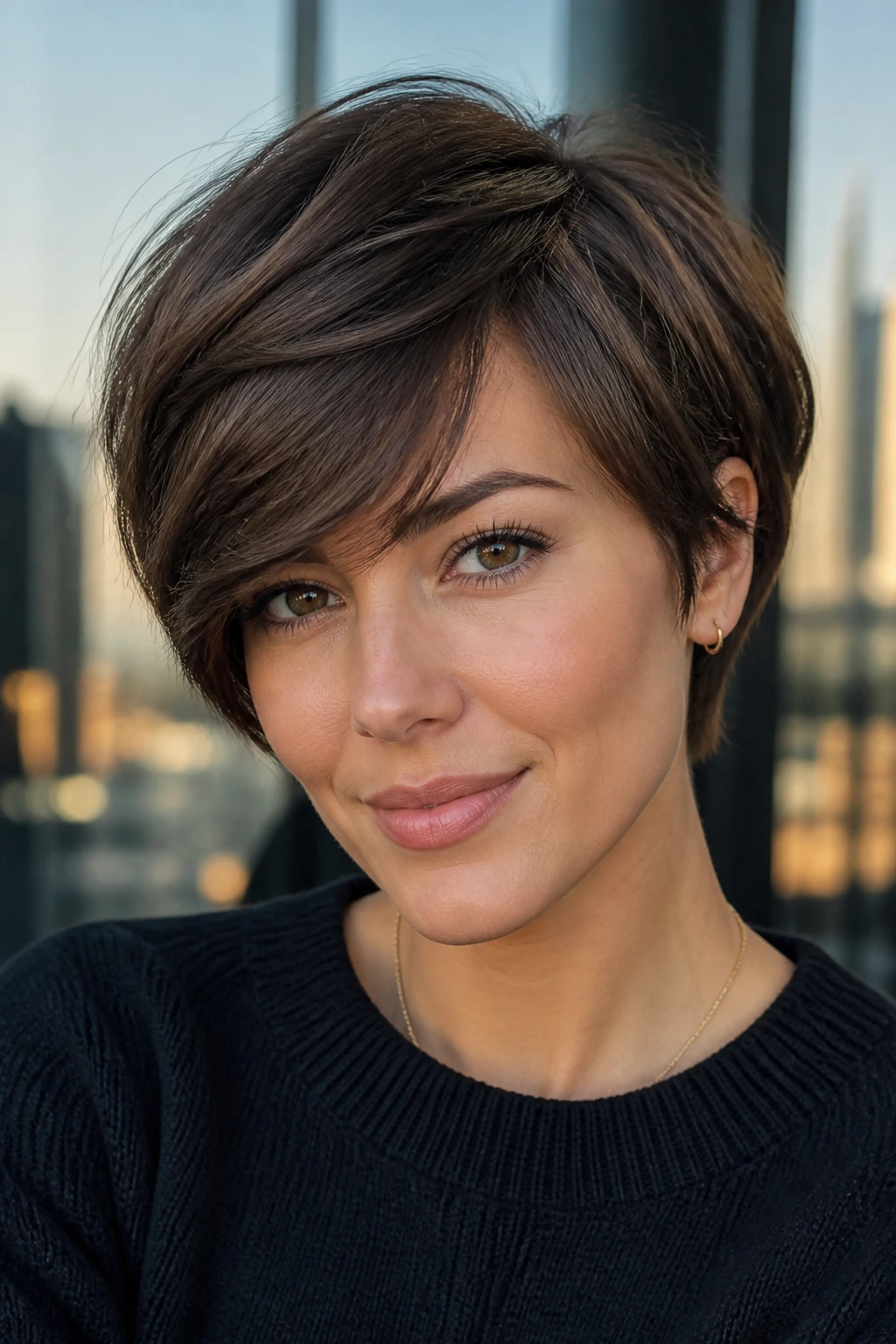 Brunette woman with side-swept pixie bob