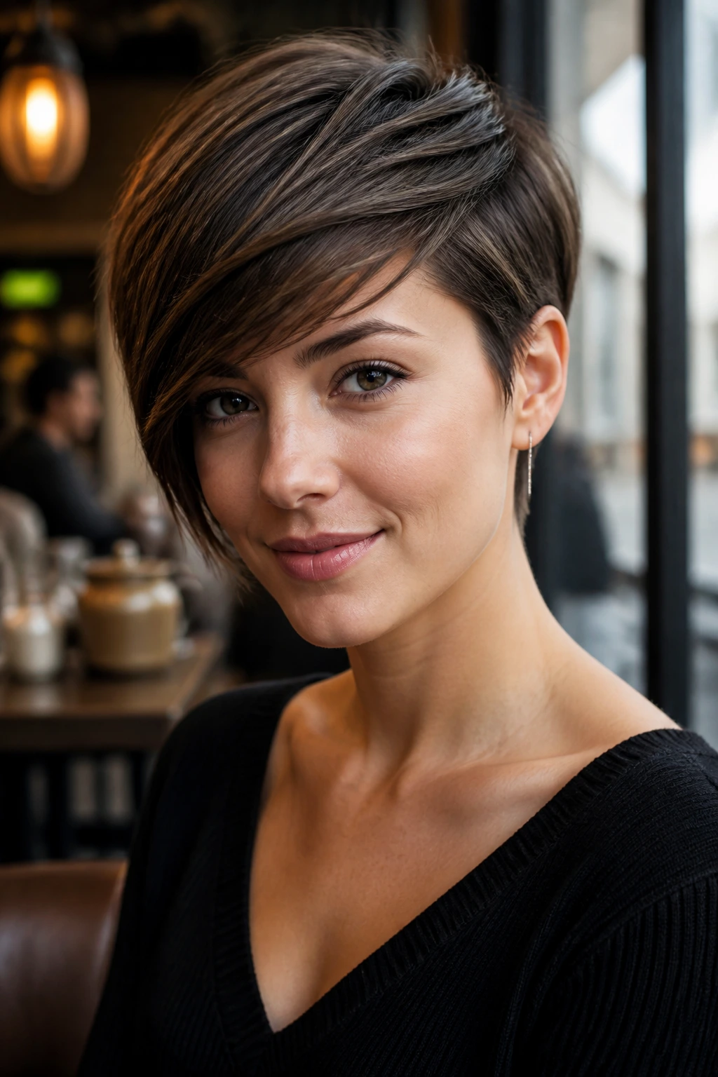 Portrait of a real woman with a side-swept pixie-bob showing diagonal fringe.