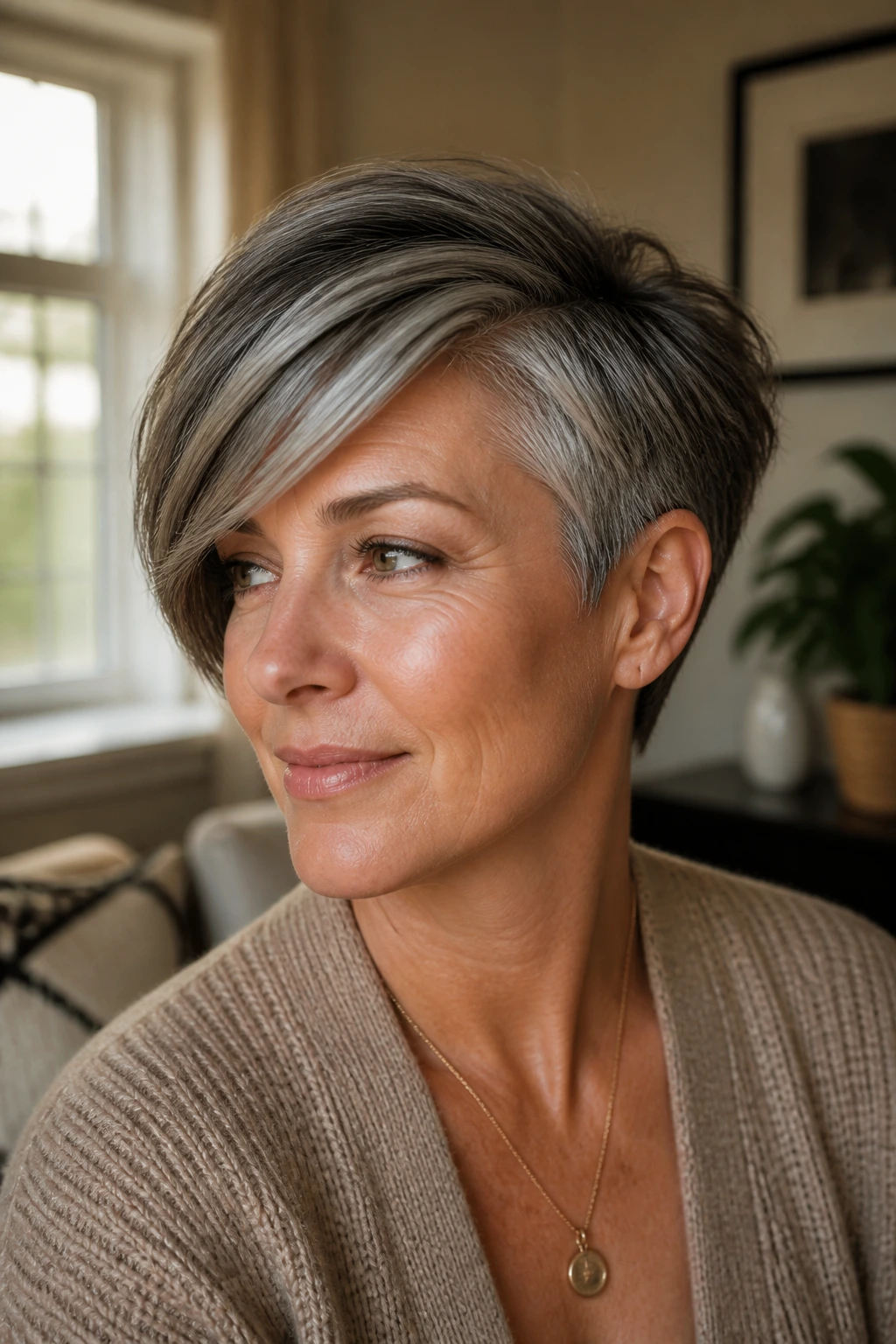Close-up portrait of a real woman with a side-swept pixie bob and grey temples in a cozy room.