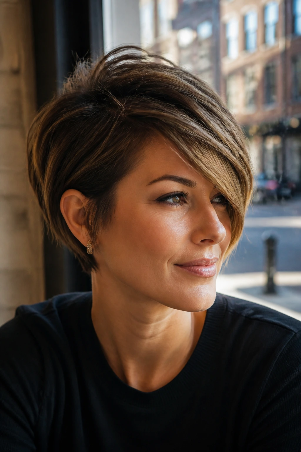 Portrait of a woman with side-swept pixie bob and fringe across face in a cafe.