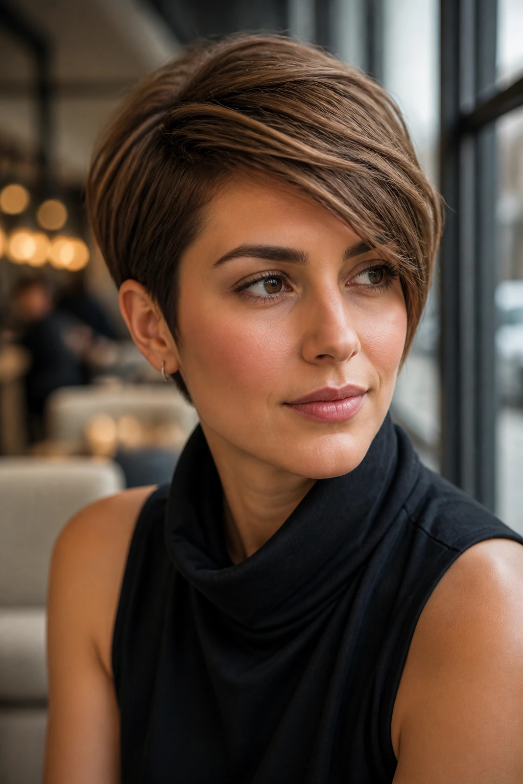 Close-up of a real woman with a side-swept pixie-bob haircut