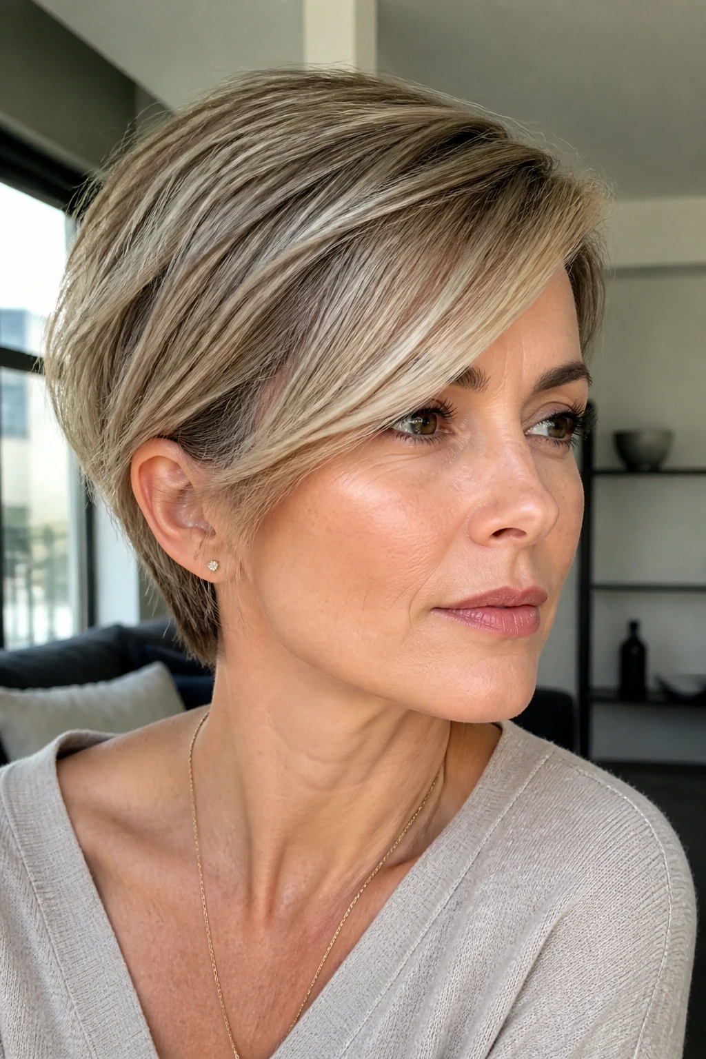 Portrait of a real person with a side-swept pixie bob, deep side part