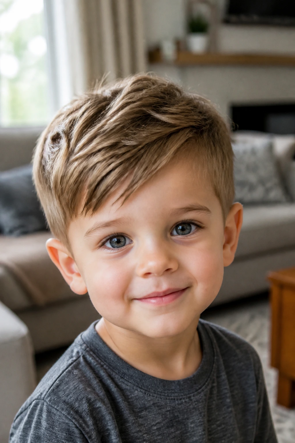 Close-up of toddler with side-swept pixie crop