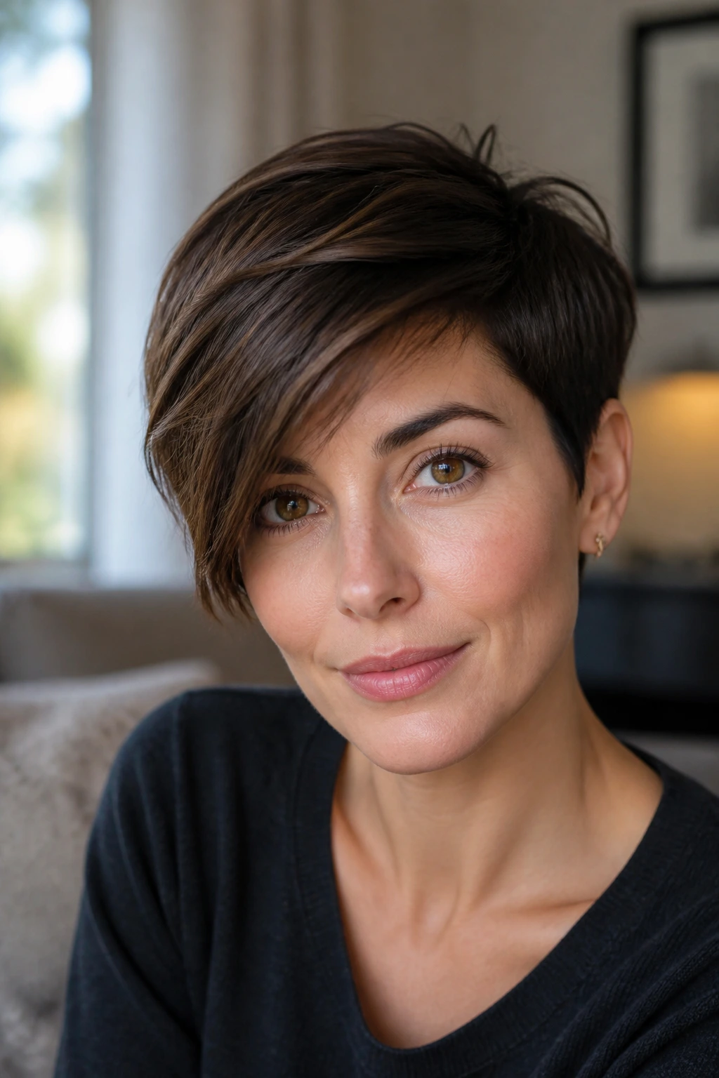 Portrait of a woman with a side-swept pixie and soft crown texture