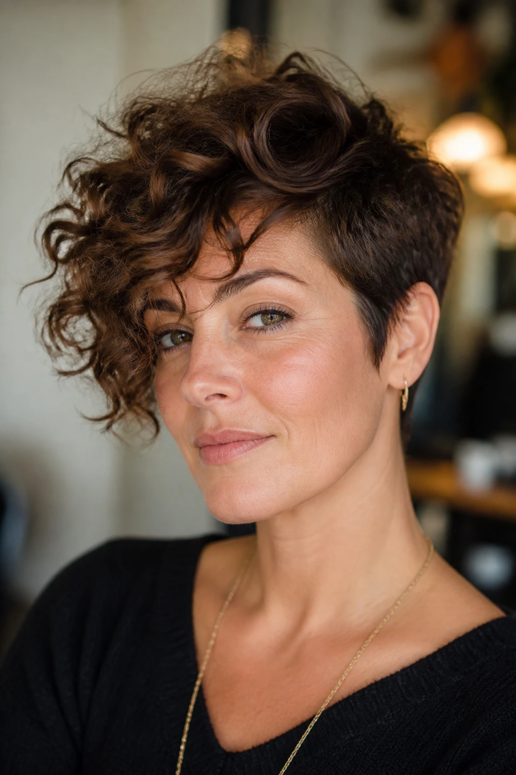 Portrait of a real woman with a side-swept curly long pixie, diagonal fringe across forehead