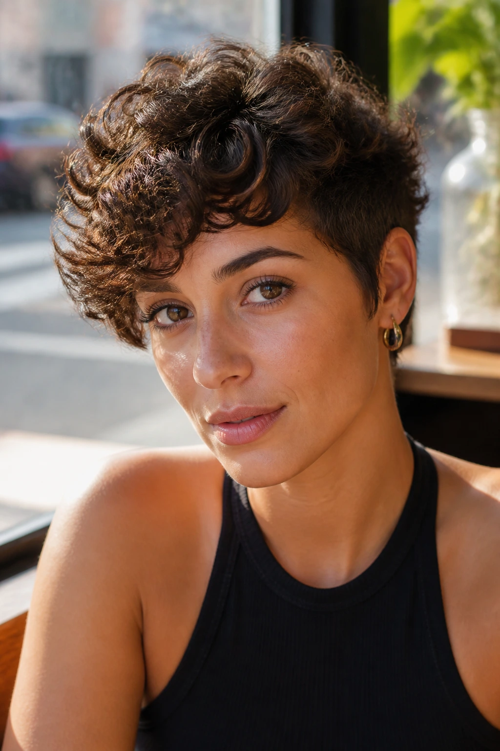 Close-up portrait of a real person with side-swept curly pixie hairstyle