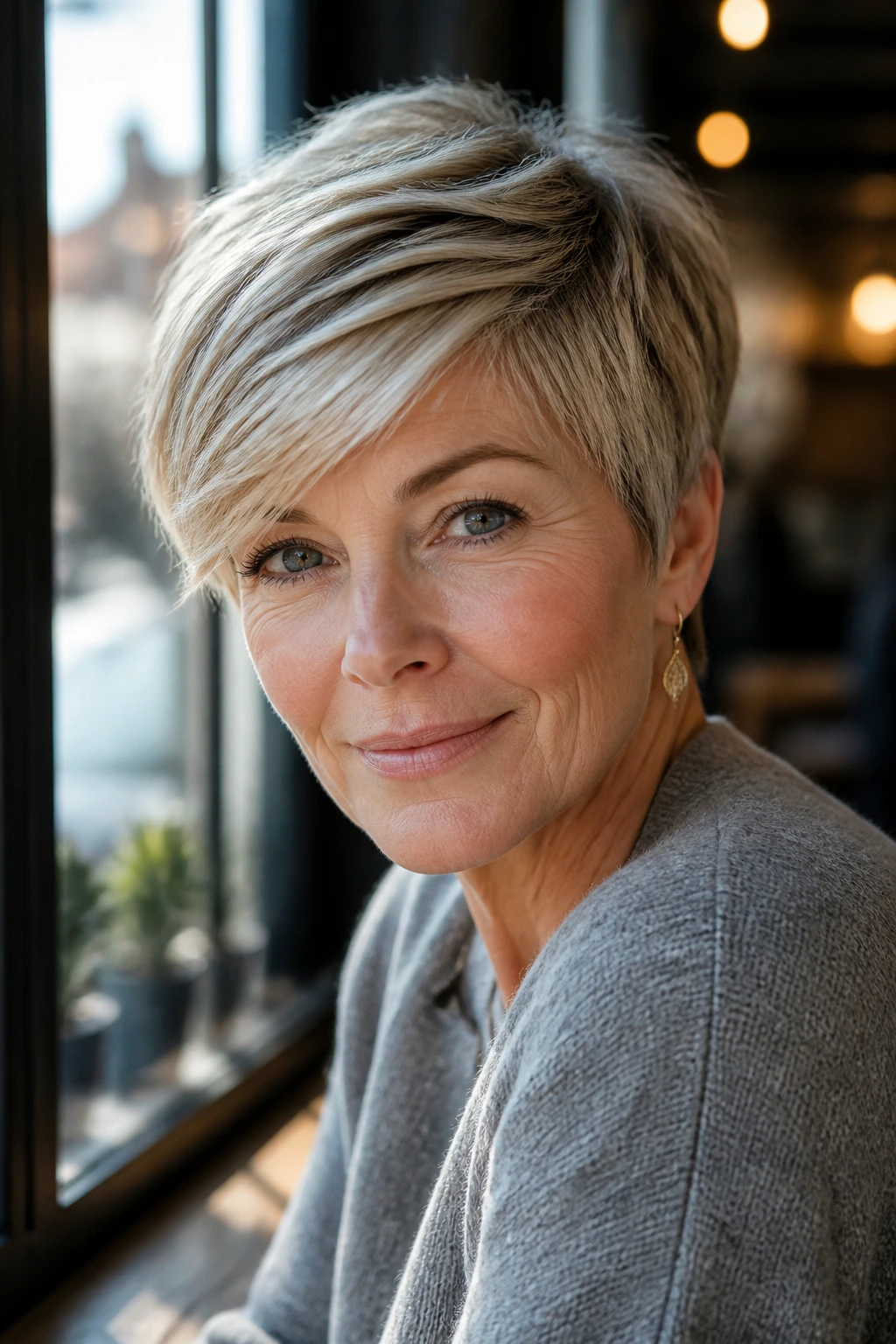 Close-up of a real woman with a side-swept pixie cut