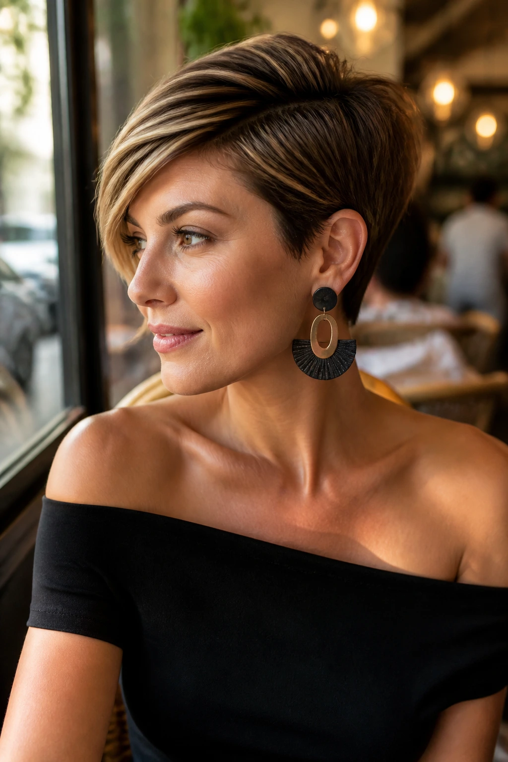 Real woman with side-swept pixie and bold earring in cafe light.