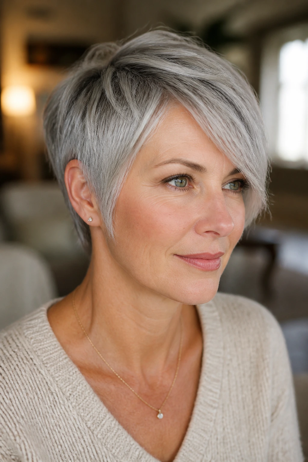 Close-up of a side-swept pixie with long temple fringe on a gray-haired woman