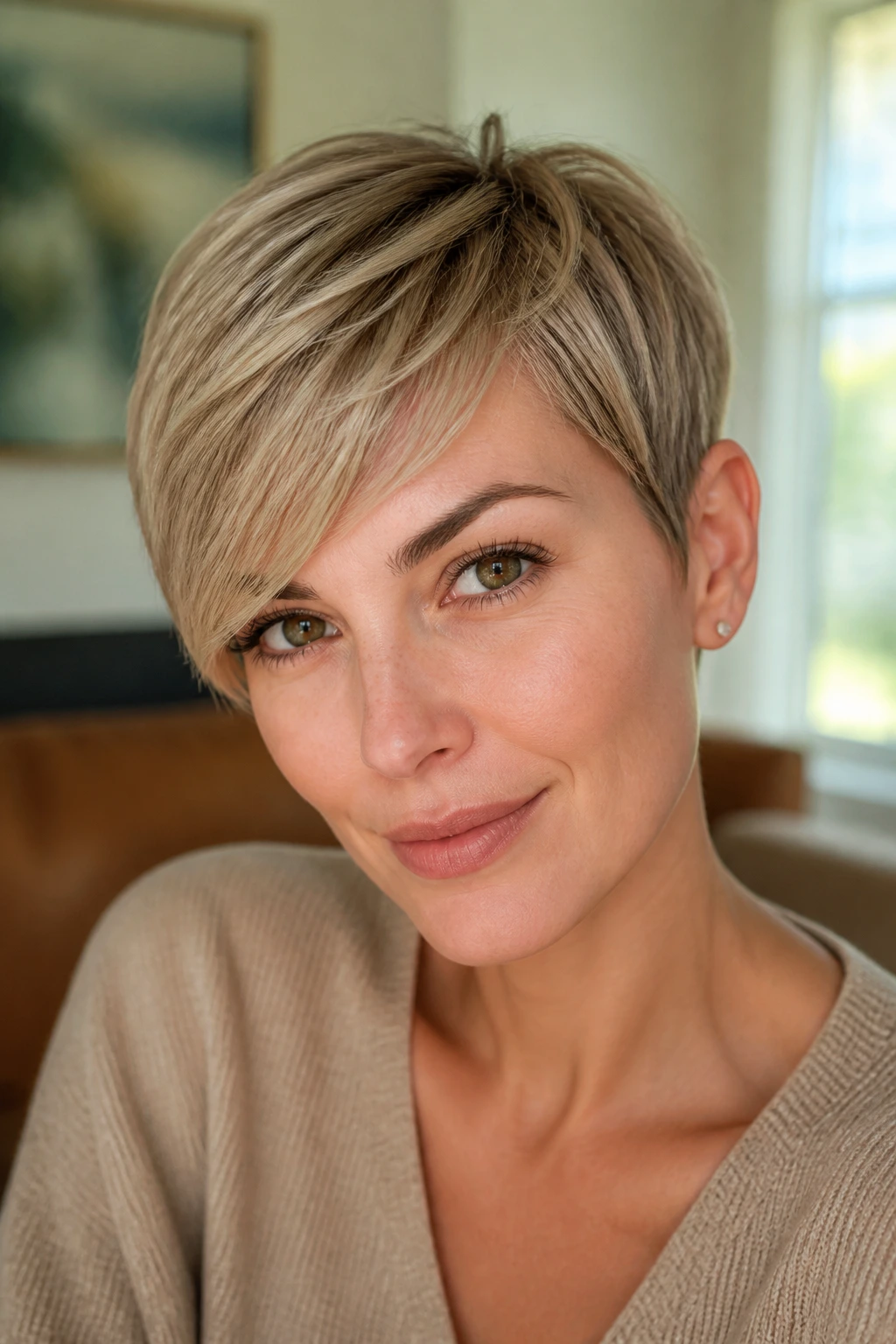 Close-up portrait of a real person with a side-swept pixie fringe.