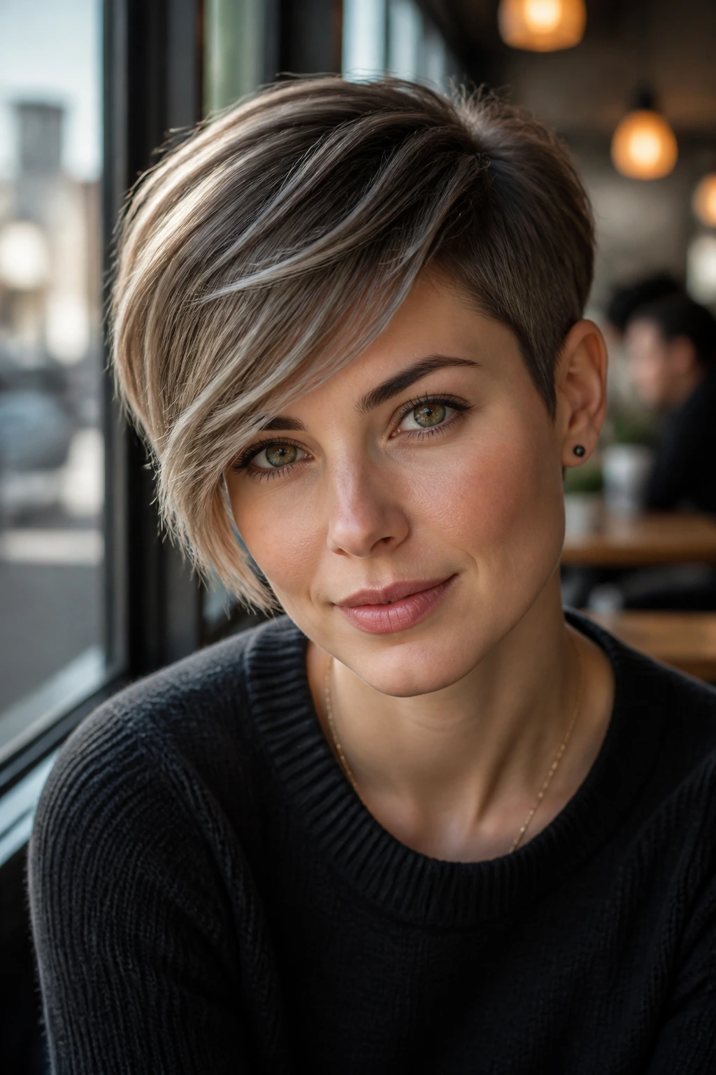 Close-up of a woman with a side-swept pixie and long fringe