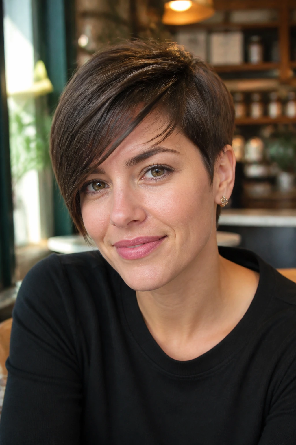 Portrait of person with side-swept pixie haircut