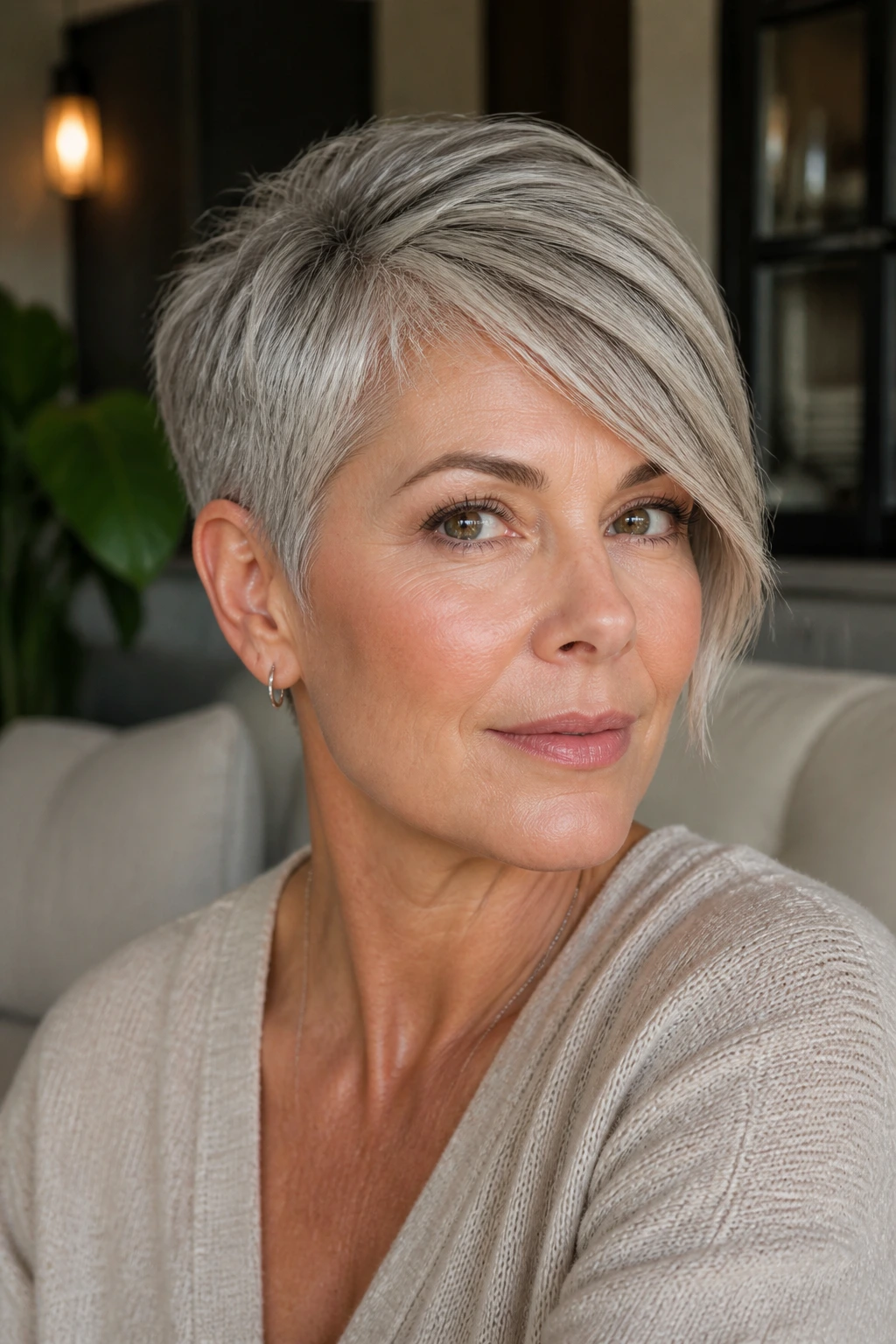 Close-up of a real woman with a side-swept pixie defining the jawline