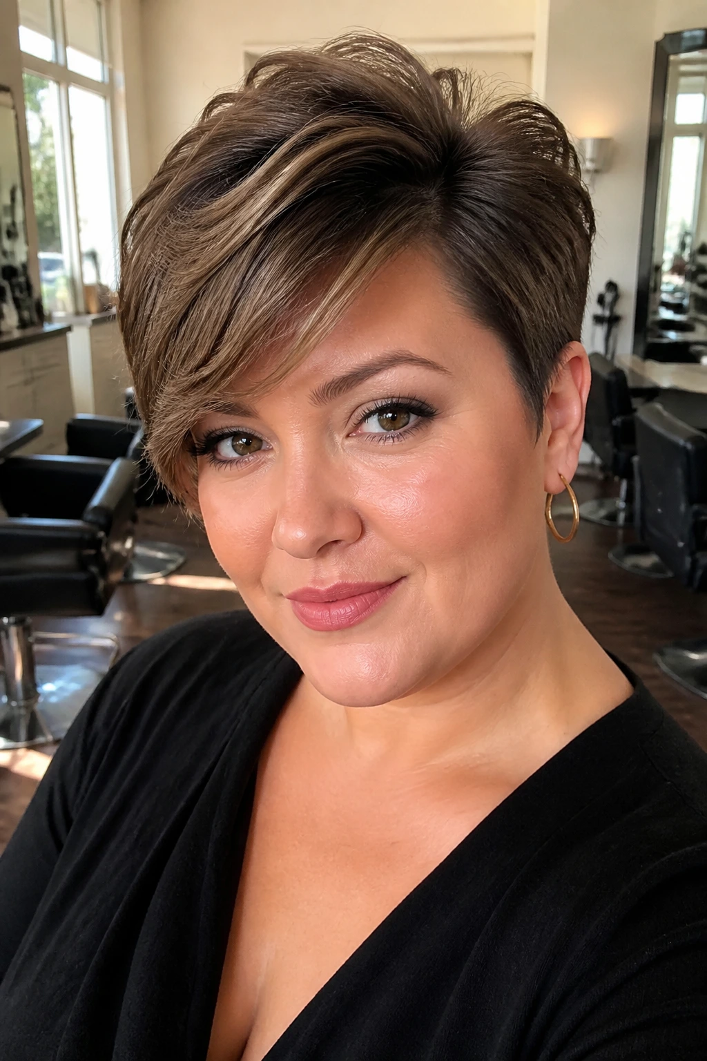 Close-up portrait of a real woman with side-swept pixie and top height for round face balance