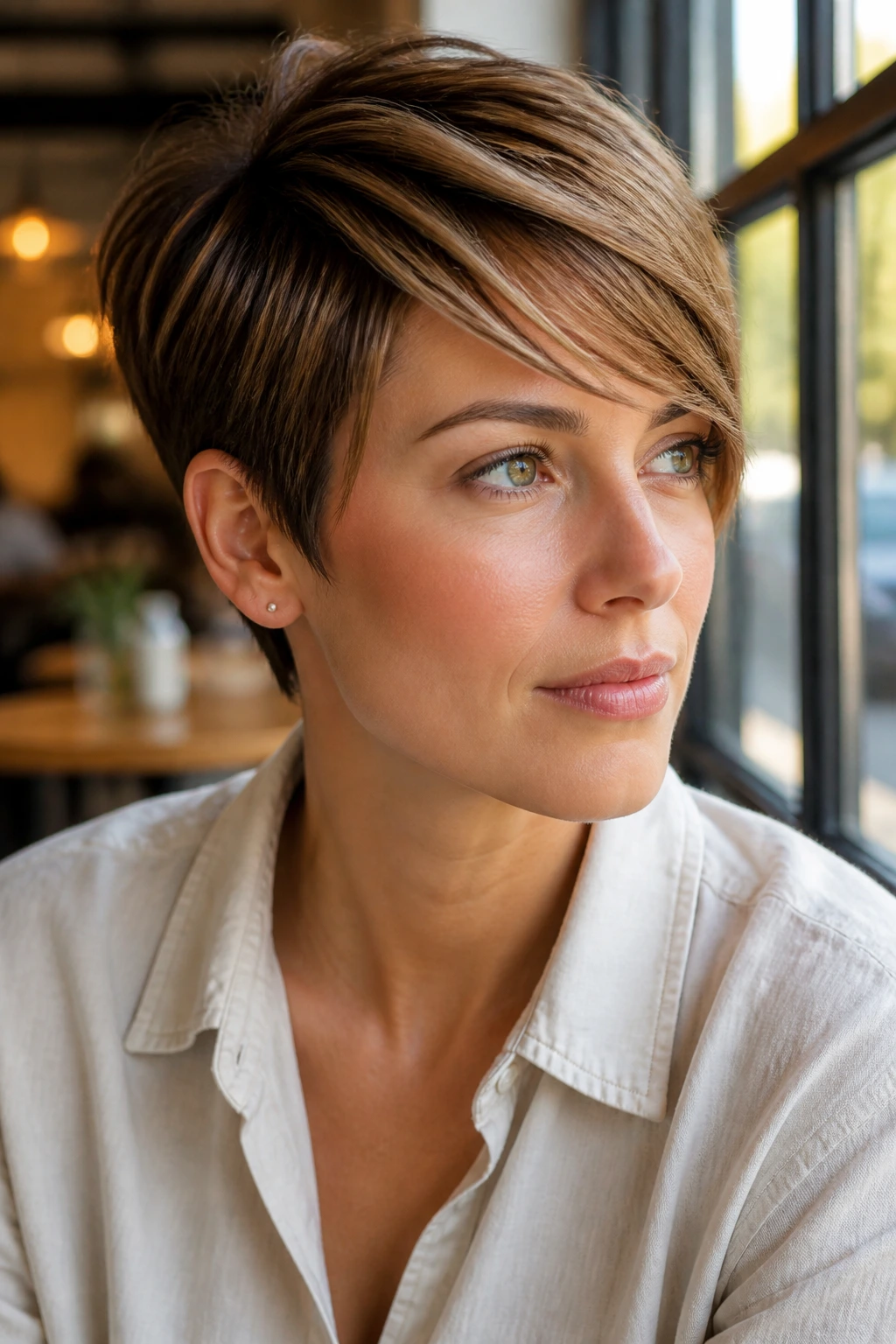 Portrait of a person with a side-swept pixie and lowlights.