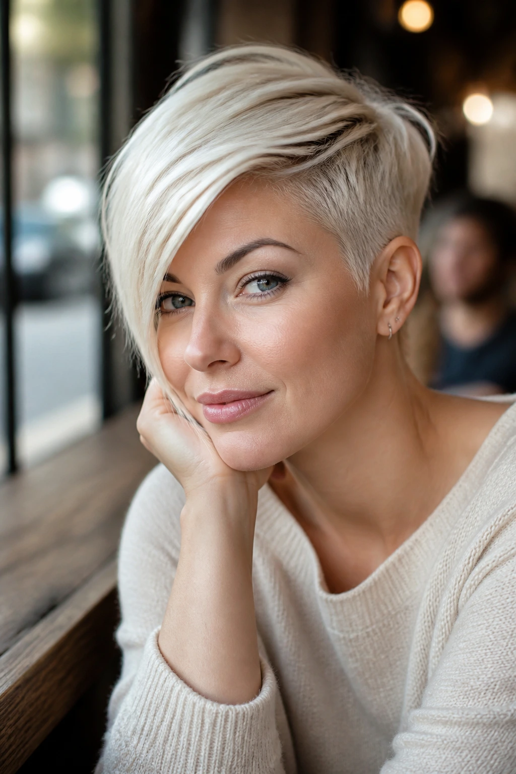 Close-up of person with platinum side-swept long-top pixie