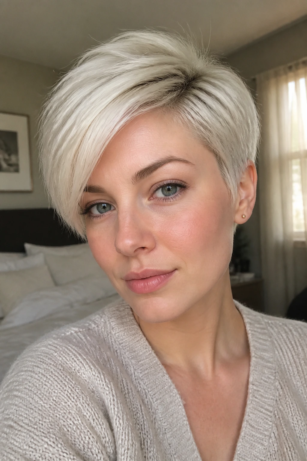 Close-up portrait of a real woman with a side-swept pixie on platinum blonde, natural window light.