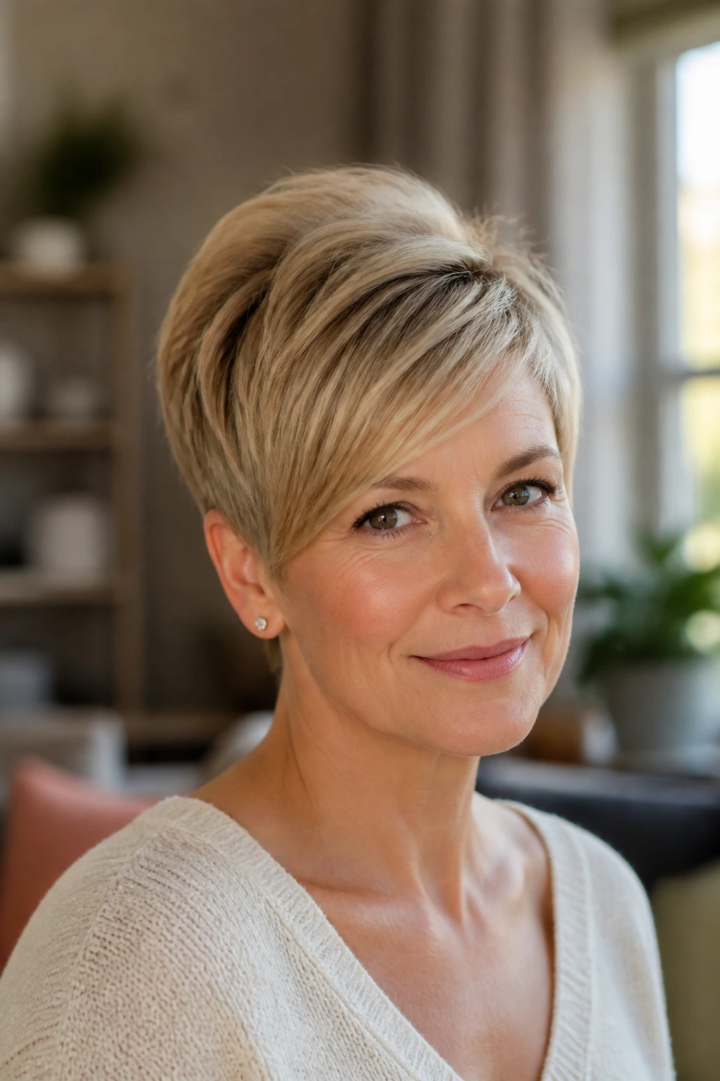 Real woman with side-swept classic pixie hairstyle