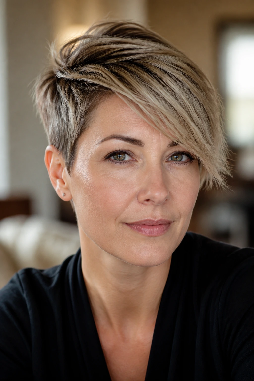Close-up portrait of a real woman wearing a soft side-swept pixie with diagonal fringe