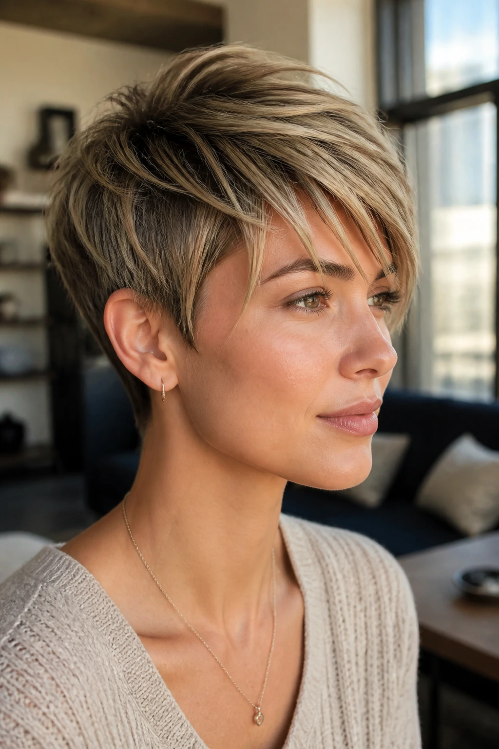 Close-up portrait of a person with side-swept pixie and piecey front