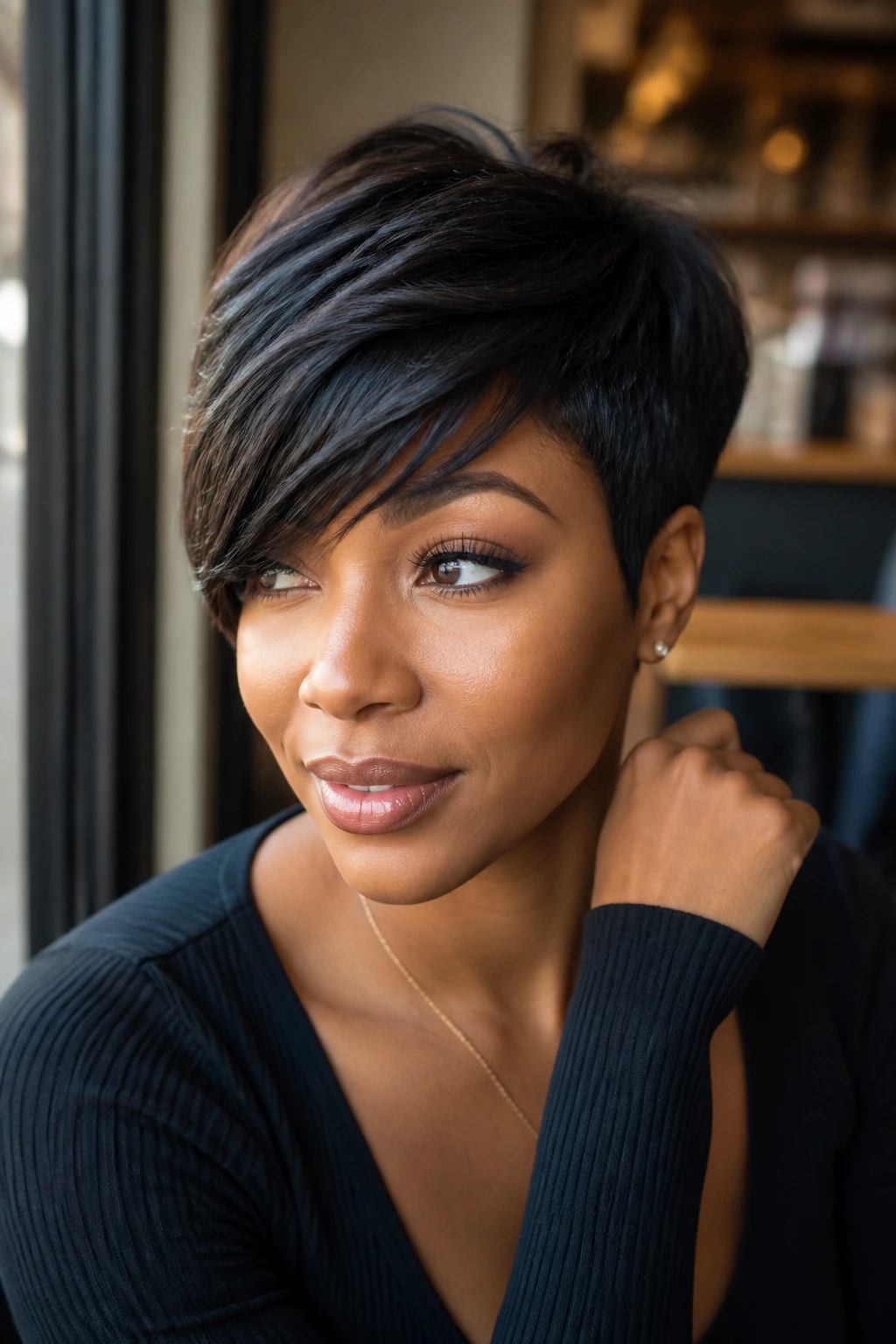 Close-up portrait of a Black woman with side-swept pixie hairstyle across the forehead.