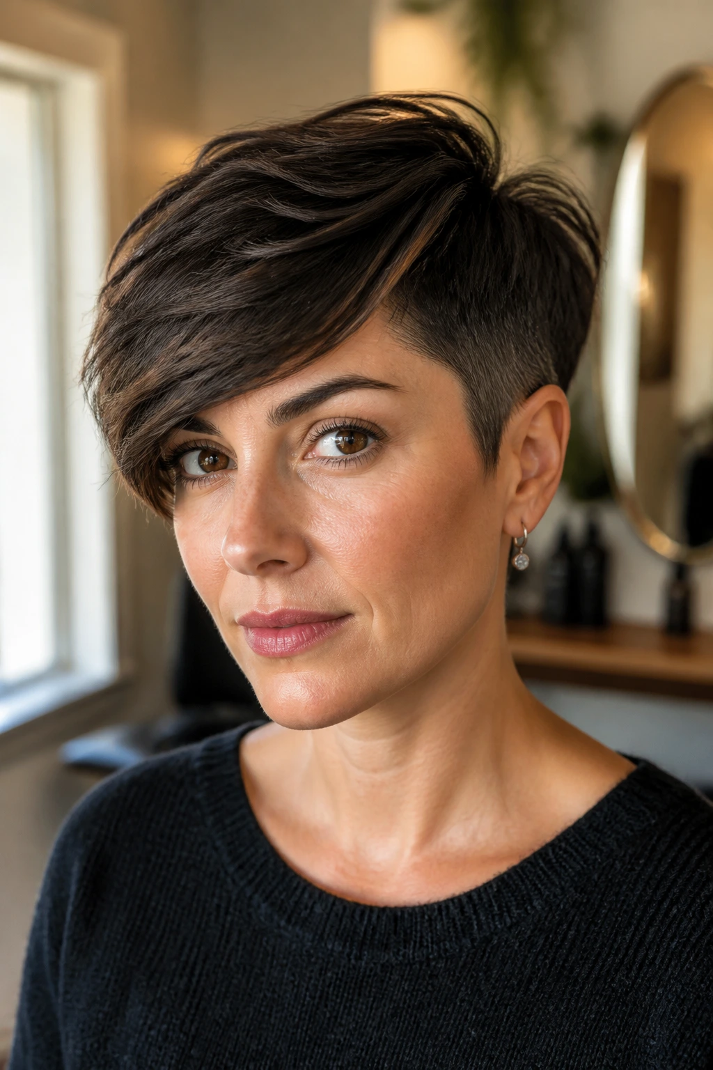 Close-up portrait of a real person with a side-swept pixie and tapered sides, thick hair.