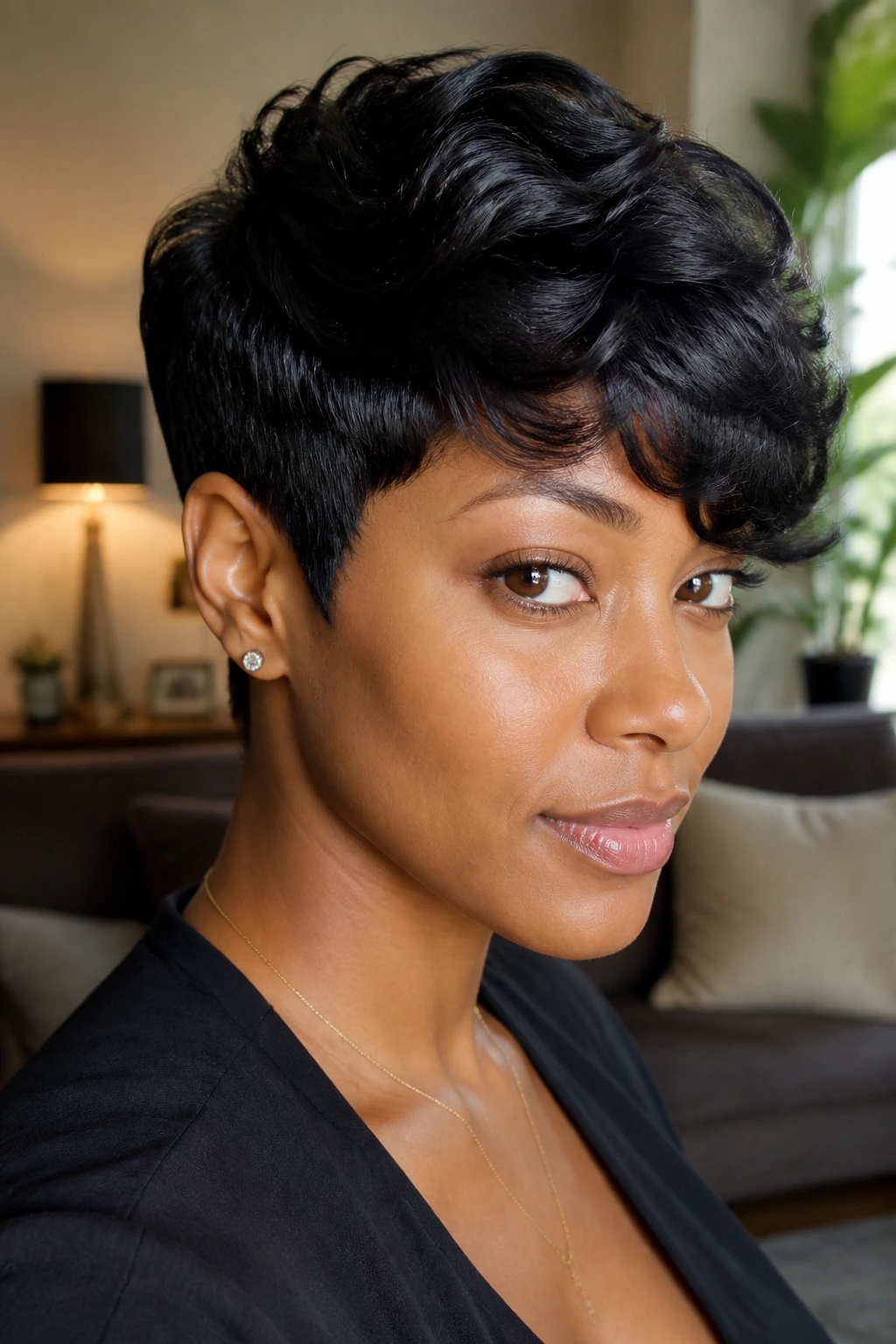 Close-up portrait of a real woman with a side-swept pixie and longer top