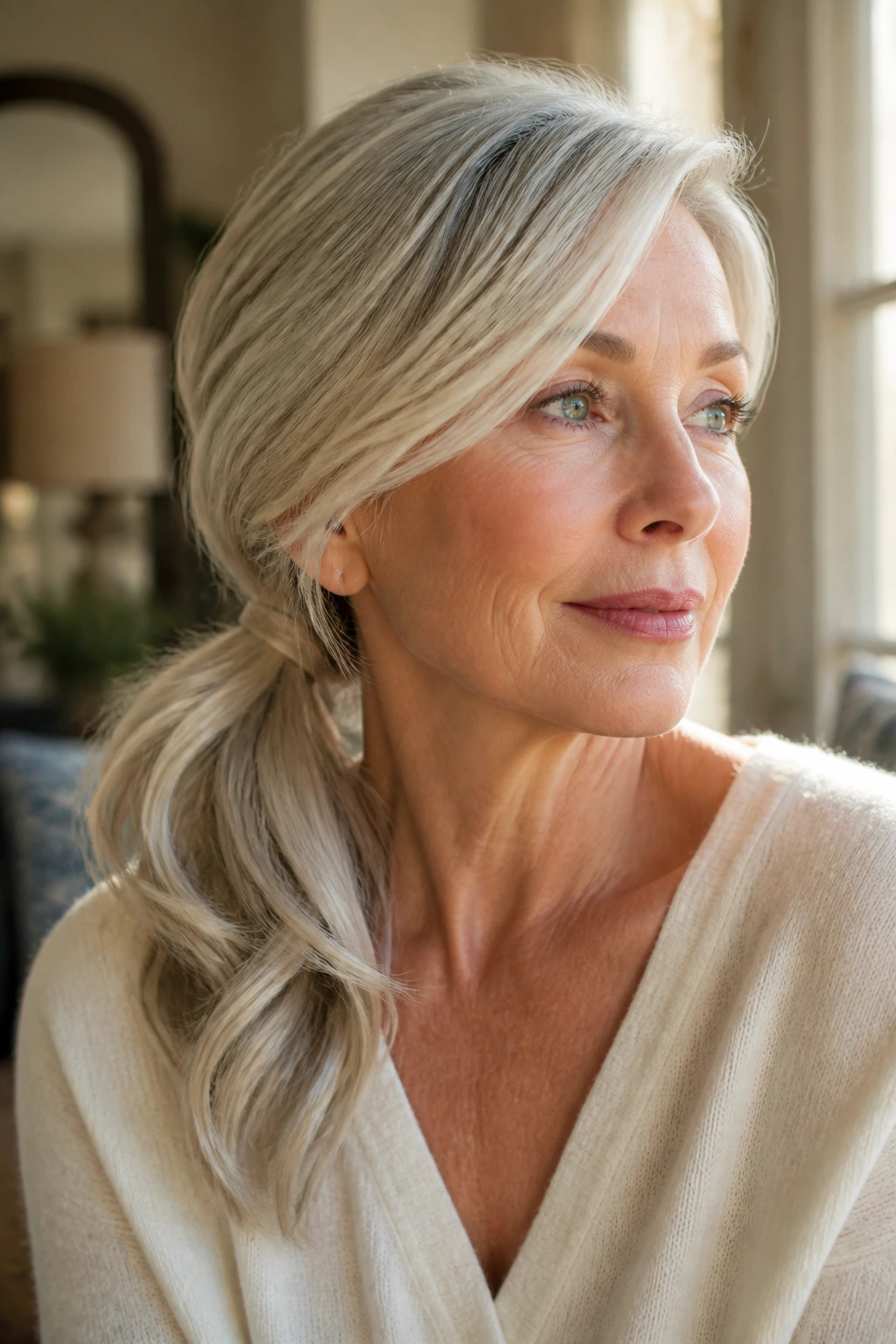 Close-up of a real woman with a soft side swept ponytail and lifted crown