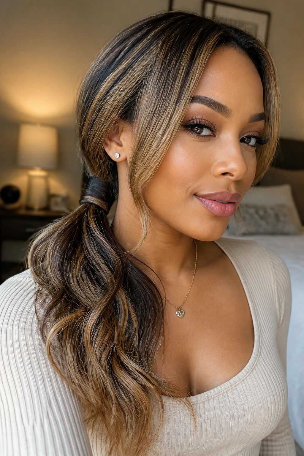 Close-up of side-swept low ponytail with caramel face-framing highlights on a real woman in warm bedroom light