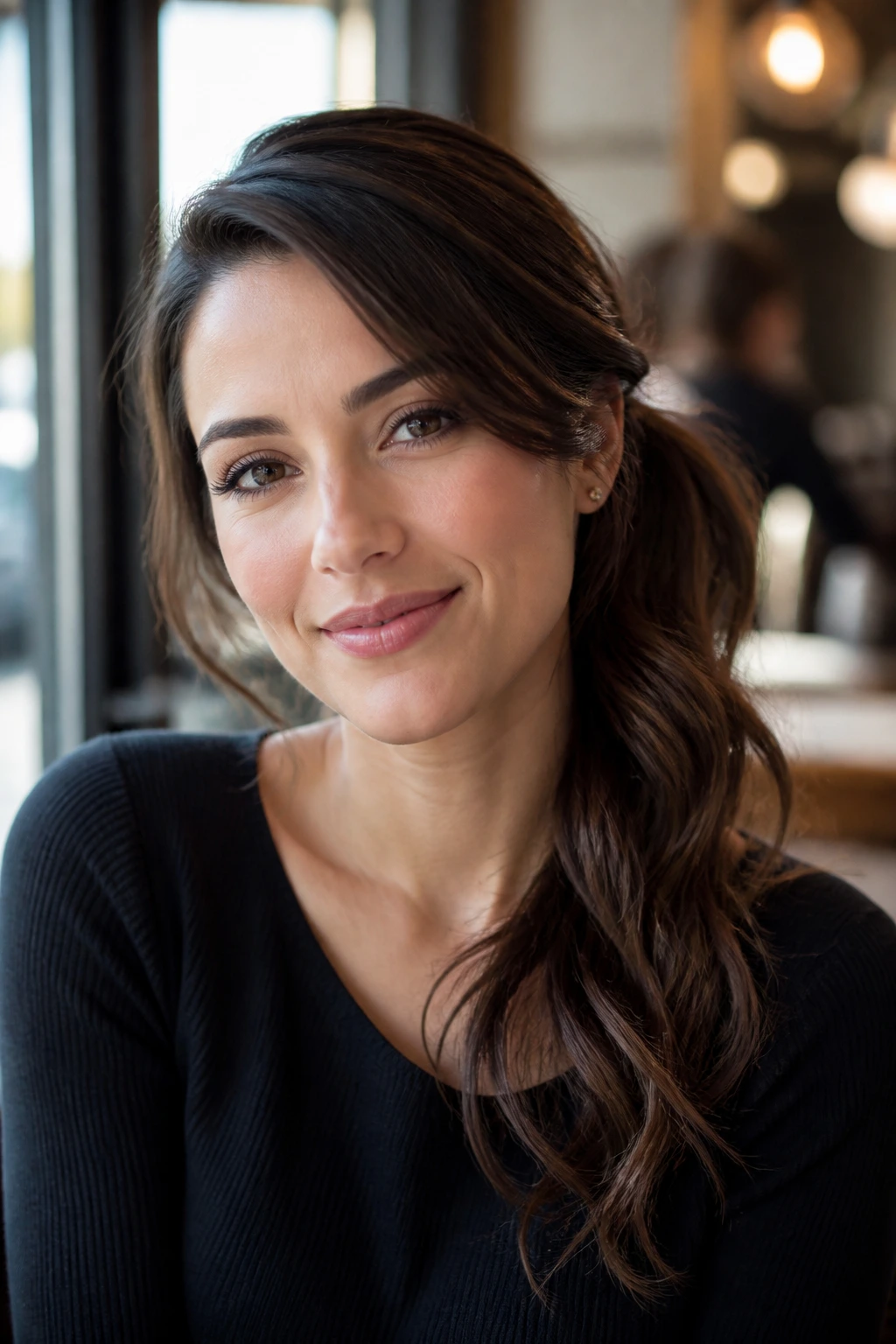 Woman with side-swept ponytail behind the ear