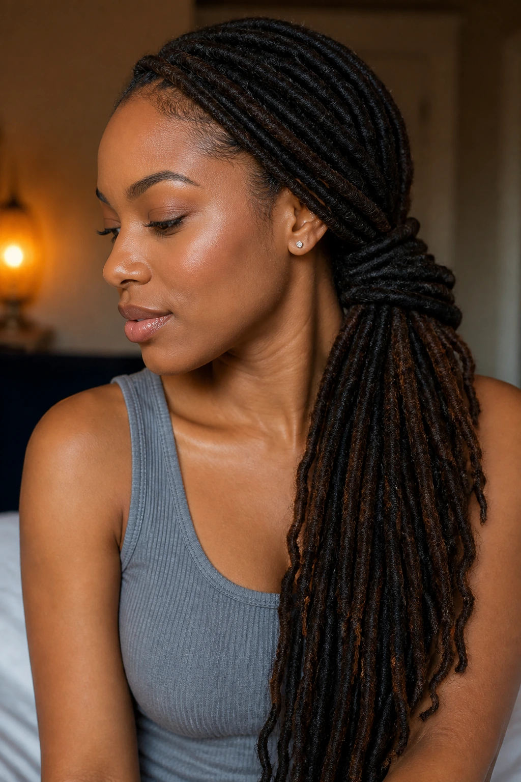 Long locs in a side-swept low ponytail.