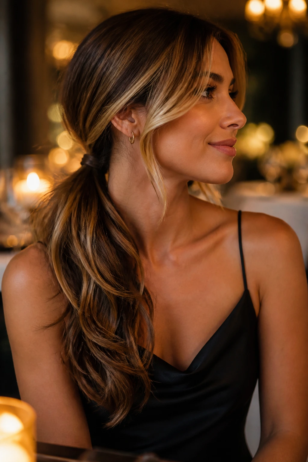Portrait of a woman with a side-swept romantic low ponytail and highlights