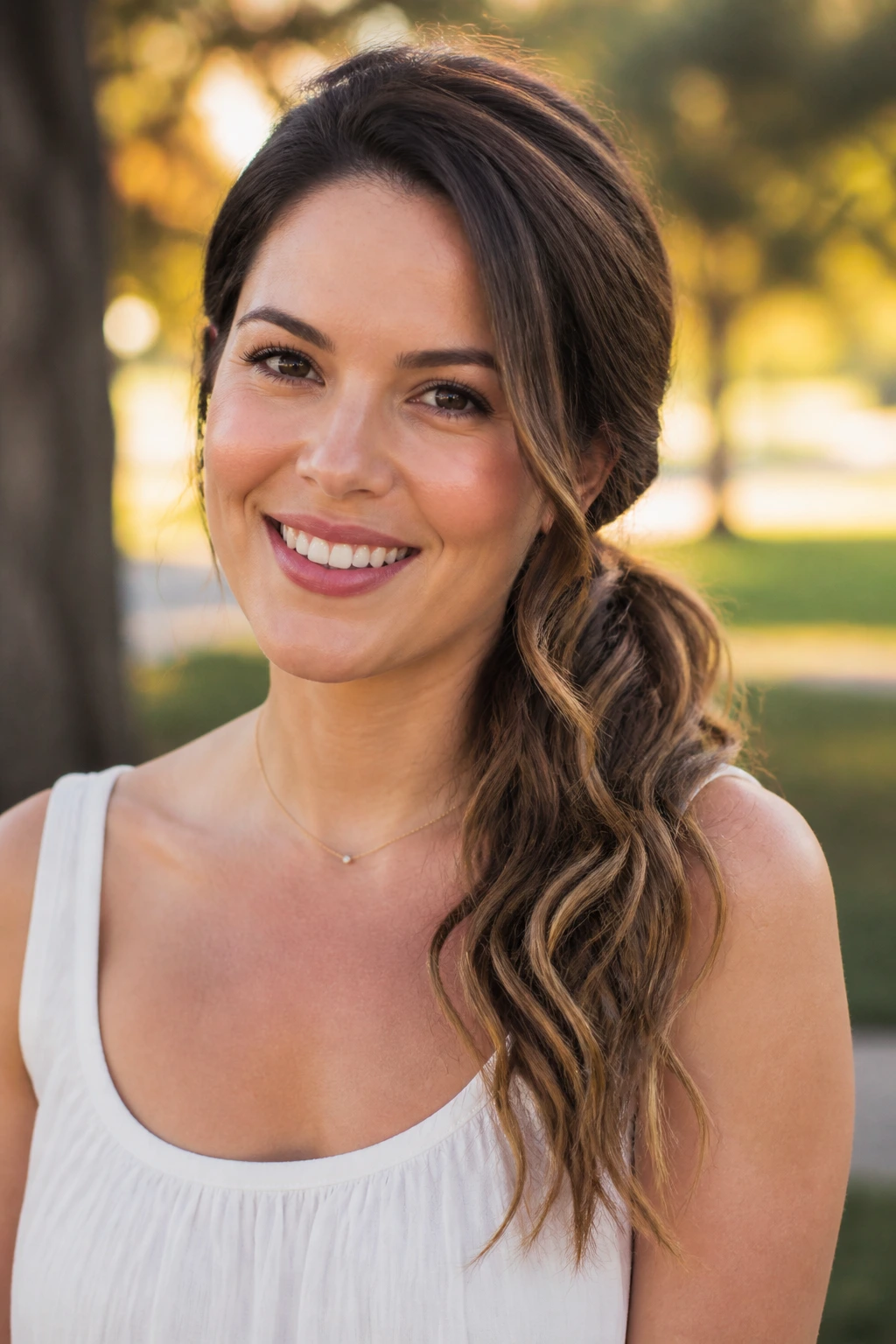 Close-up of a real woman with a side-swept ponytail and wavy ends